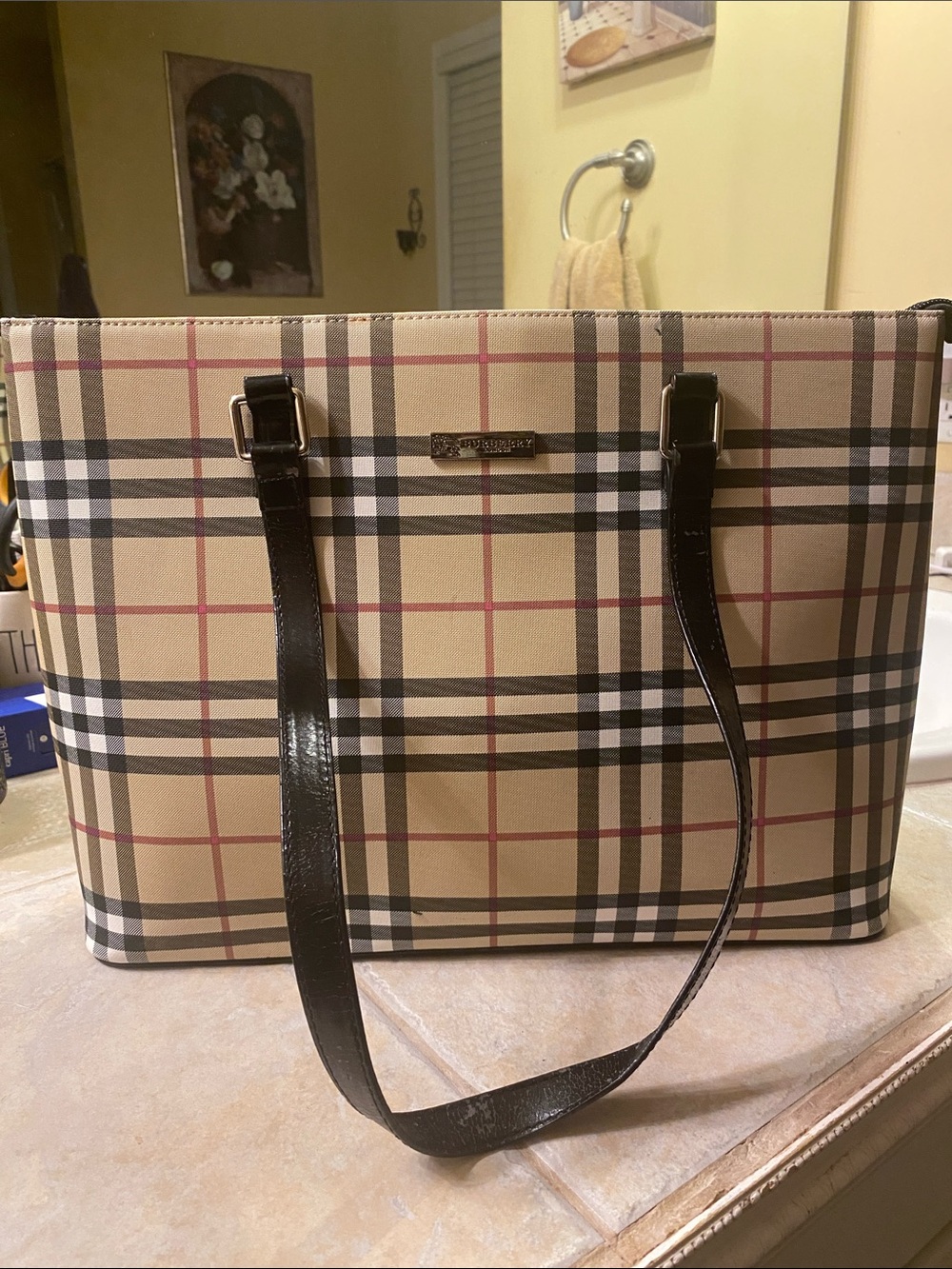 Classic Plaid Tote Bag with Dark Brown Straps
